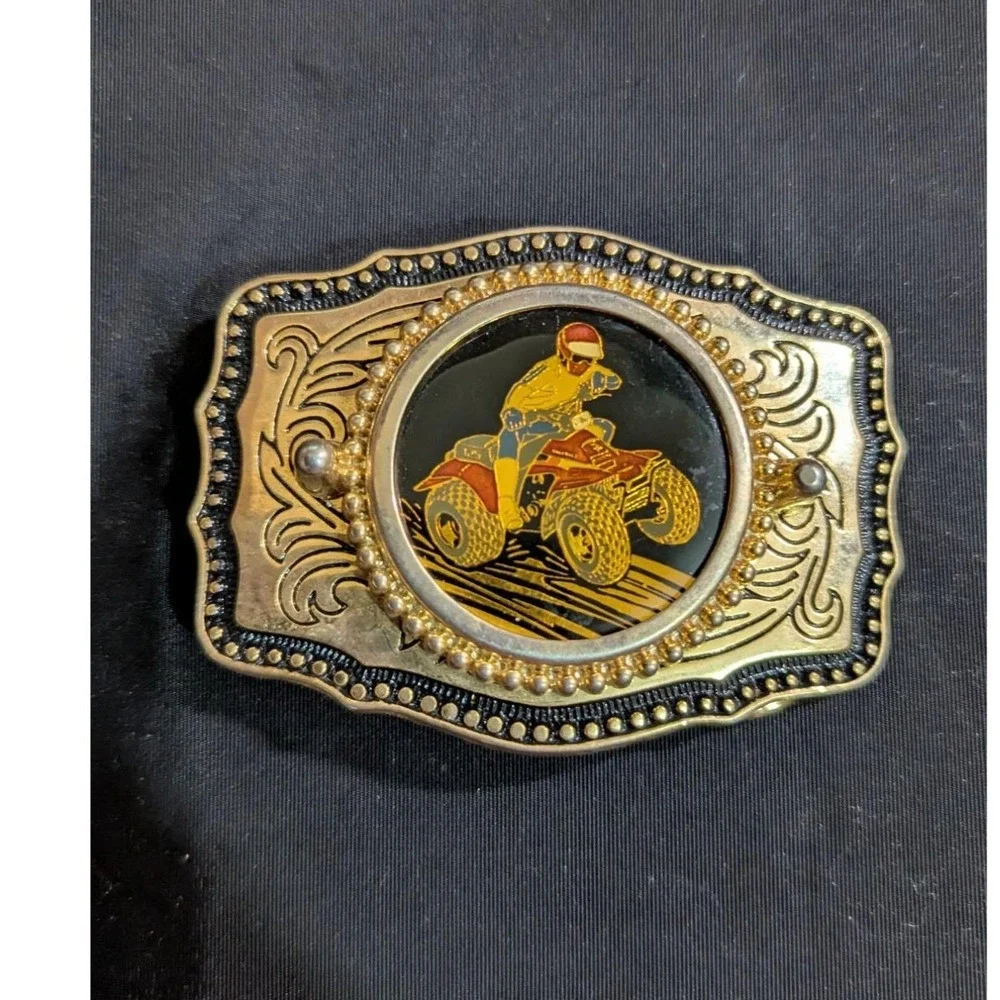 Vintage ATV Quad Rider Belt Buckle Gold Tone Western Made in USA‎ 3 Inch